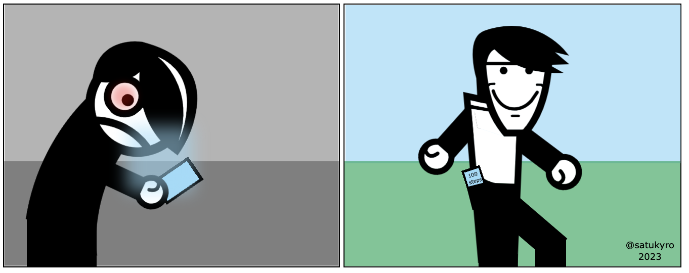 A cartoon illustrating digital illbeing and digital wellbeing